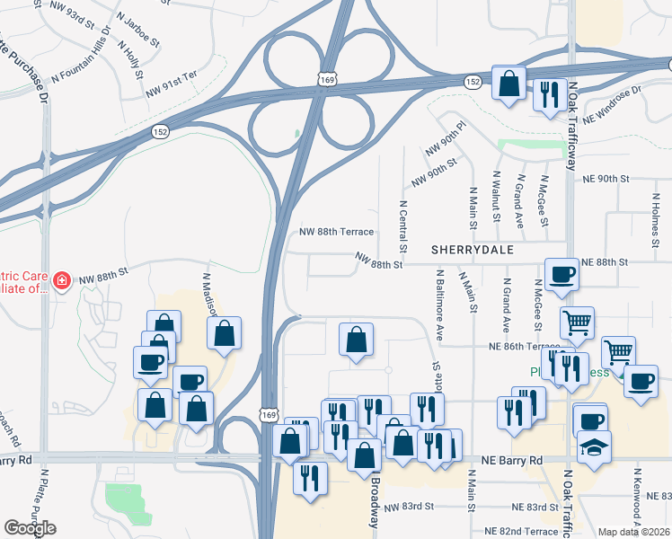 map of restaurants, bars, coffee shops, grocery stores, and more near 516 Northwest 87th Terrace in Kansas City