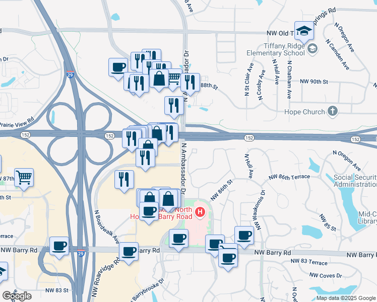 map of restaurants, bars, coffee shops, grocery stores, and more near 8900 North Helena Drive in Kansas City