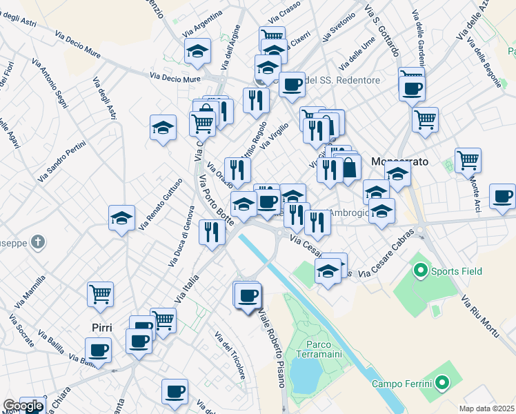 map of restaurants, bars, coffee shops, grocery stores, and more near 20 Via Giulio Cesare in Monserrato