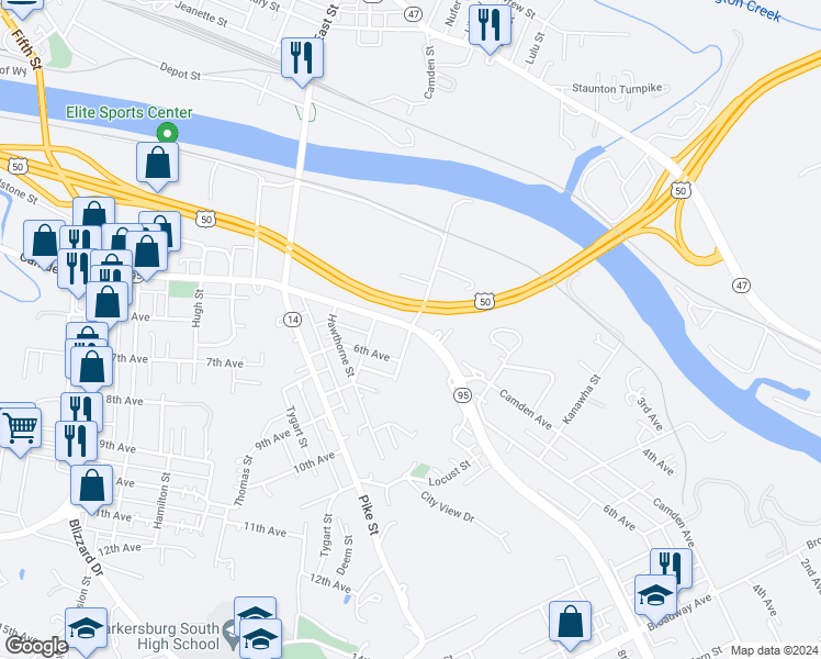 map of restaurants, bars, coffee shops, grocery stores, and more near 3003 Camden Ave in Parkersburg