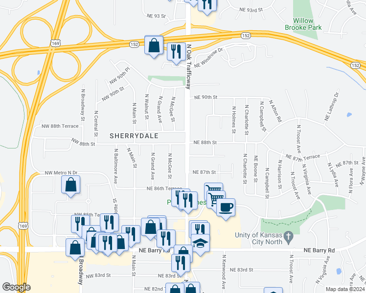 map of restaurants, bars, coffee shops, grocery stores, and more near 8752 North Oak Trafficway in Kansas City