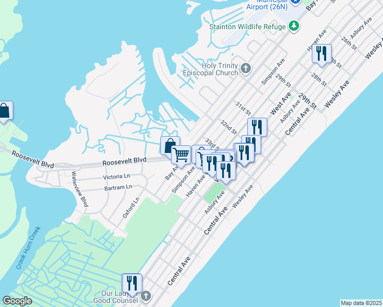 map of restaurants, bars, coffee shops, grocery stores, and more near 3313 Bay Avenue in Ocean City