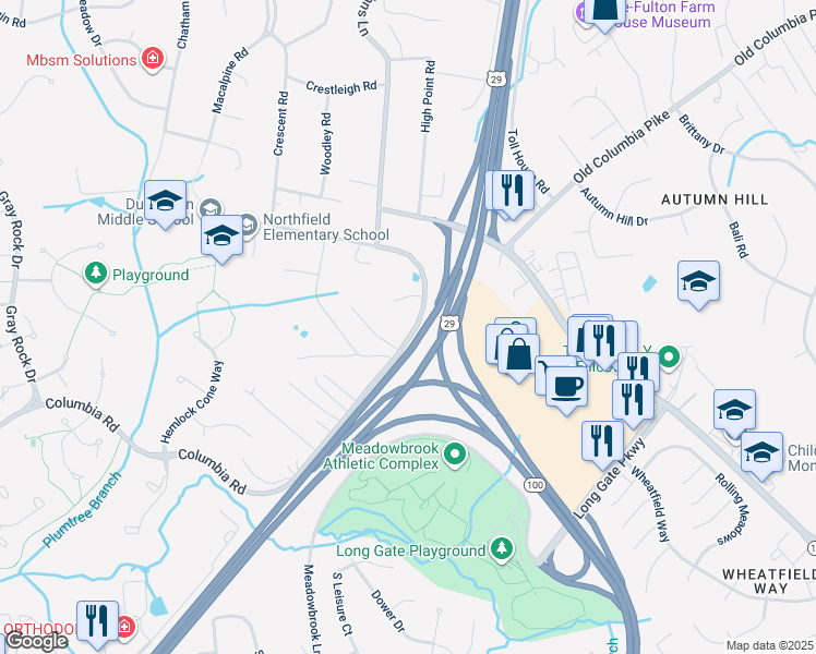 map of restaurants, bars, coffee shops, grocery stores, and more near 4256 Columbia Road in Ellicott City