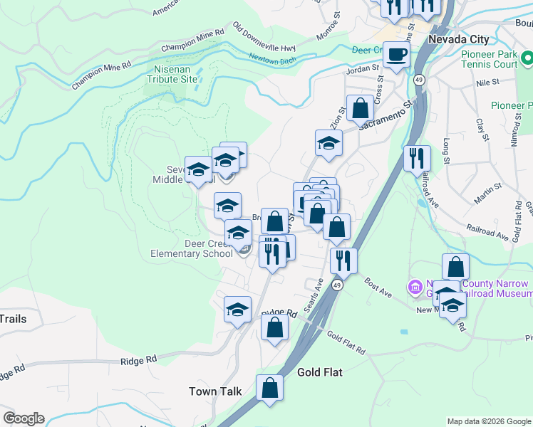 map of restaurants, bars, coffee shops, grocery stores, and more near 302 Brock Road in Nevada City