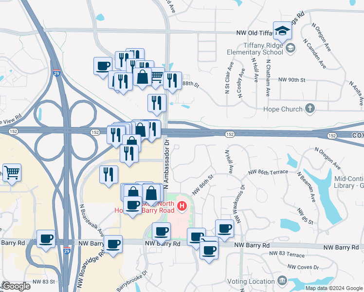 map of restaurants, bars, coffee shops, grocery stores, and more near 8717 North Helena Drive in Kansas City