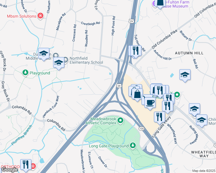 map of restaurants, bars, coffee shops, grocery stores, and more near 4256 Columbia Road in Ellicott City