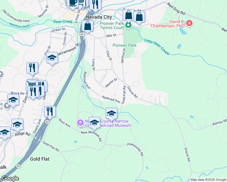 map of restaurants, bars, coffee shops, grocery stores, and more near 105 Woods Court in Nevada City