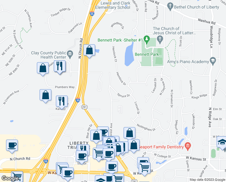 map of restaurants, bars, coffee shops, grocery stores, and more near 1485 Spruce Drive in Liberty