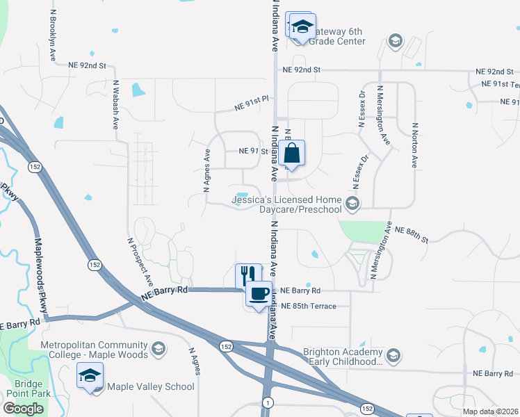 map of restaurants, bars, coffee shops, grocery stores, and more near 3208 Northeast 88th Terrace in Kansas City