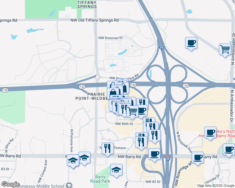 map of restaurants, bars, coffee shops, grocery stores, and more near 7354 Northwest 87th Terrace in Kansas City