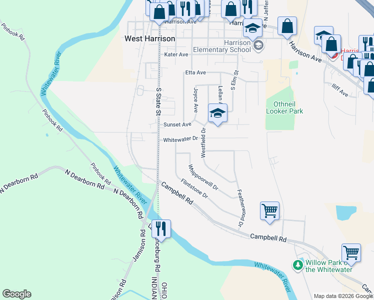 map of restaurants, bars, coffee shops, grocery stores, and more near 83 Whippoorwill Drive in Harrison