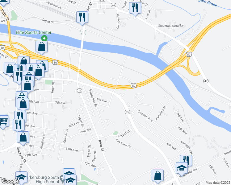 map of restaurants, bars, coffee shops, grocery stores, and more near 3003 Camden Ave in Parkersburg