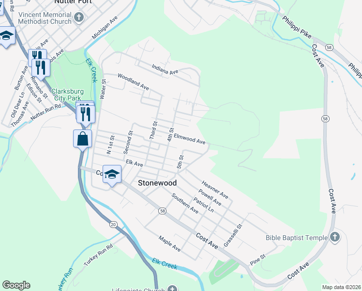 map of restaurants, bars, coffee shops, grocery stores, and more near 502 5th Street in Stonewood
