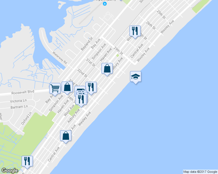map of restaurants, bars, coffee shops, grocery stores, and more near 3125 Central Avenue in Ocean City