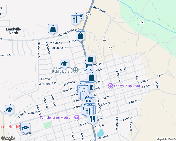 map of restaurants, bars, coffee shops, grocery stores, and more near 1107 Poplar Street in Leadville