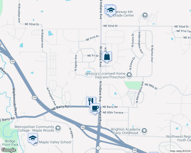 map of restaurants, bars, coffee shops, grocery stores, and more near 3208 Northeast 88th Terrace in Kansas City