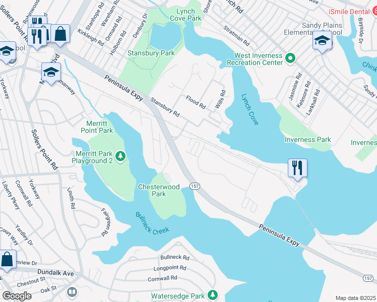 map of restaurants, bars, coffee shops, grocery stores, and more near 3324 Goldeneye Circle in Dundalk