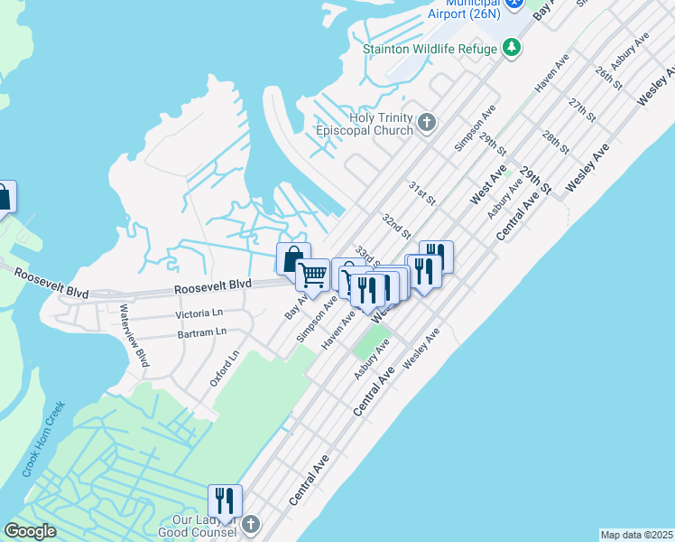 map of restaurants, bars, coffee shops, grocery stores, and more near 3313 Bay Avenue in Ocean City