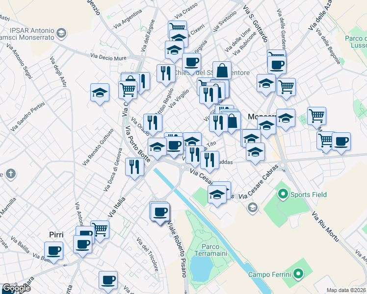 map of restaurants, bars, coffee shops, grocery stores, and more near 3 Via Aureliana in Monserrato