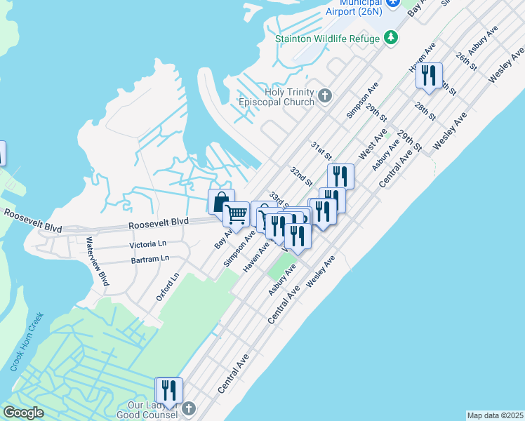 map of restaurants, bars, coffee shops, grocery stores, and more near 3324 Simpson Avenue in Ocean City