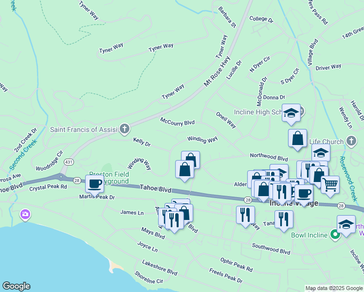 map of restaurants, bars, coffee shops, grocery stores, and more near 410 Winding Way in Incline Village