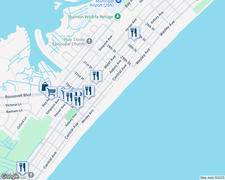 map of restaurants, bars, coffee shops, grocery stores, and more near 3100 Wesley Avenue in Ocean City