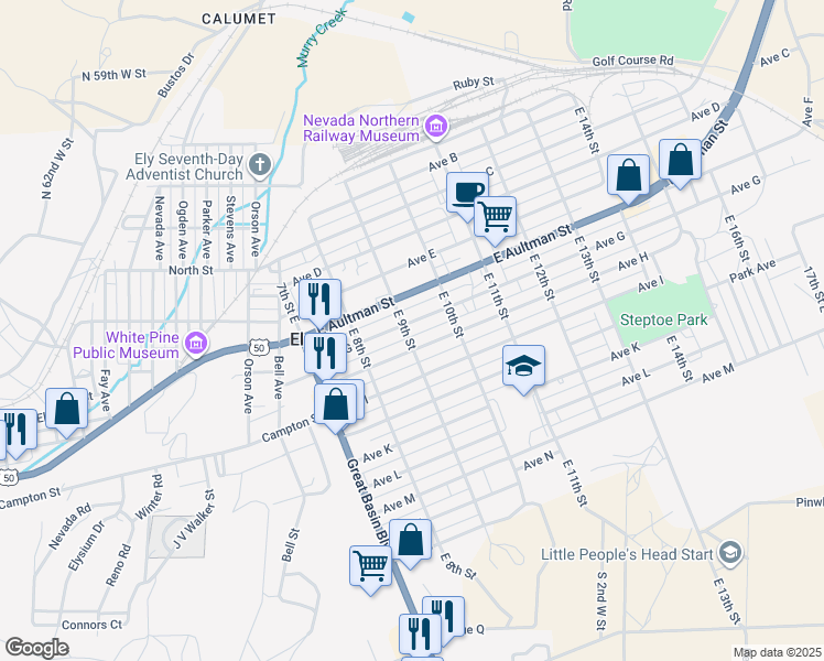 map of restaurants, bars, coffee shops, grocery stores, and more near 900 Avenue G in Ely