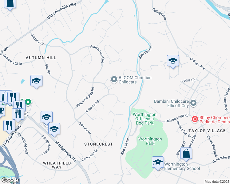 map of restaurants, bars, coffee shops, grocery stores, and more near 8436 Roberts Road in Ellicott City