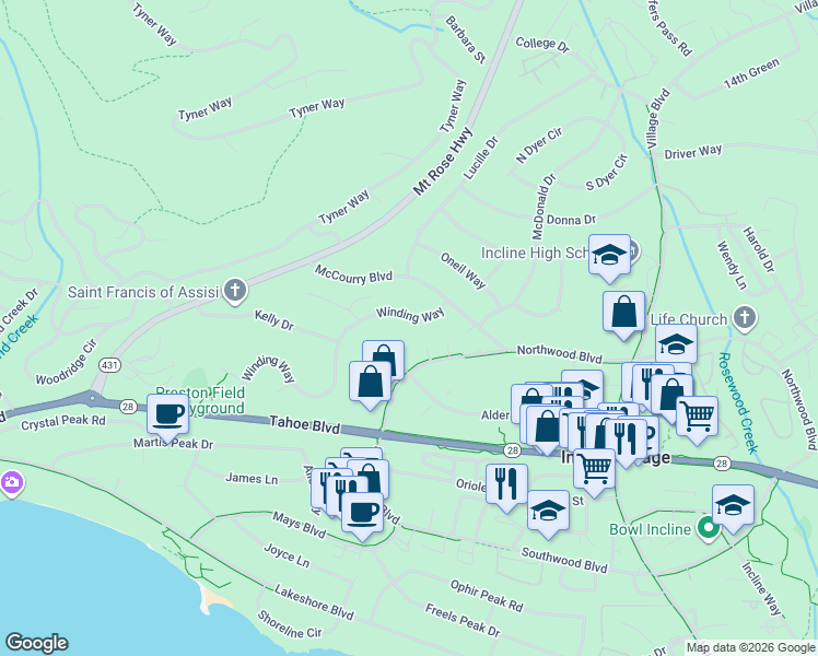 map of restaurants, bars, coffee shops, grocery stores, and more near 466 Winding Way in Incline Village