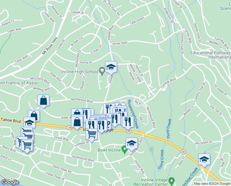map of restaurants, bars, coffee shops, grocery stores, and more near 914 Northwood Boulevard in Incline Village