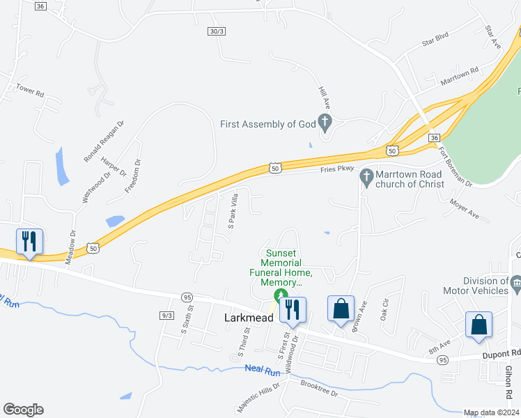 map of restaurants, bars, coffee shops, grocery stores, and more near 35 Parkville Drive in Parkersburg