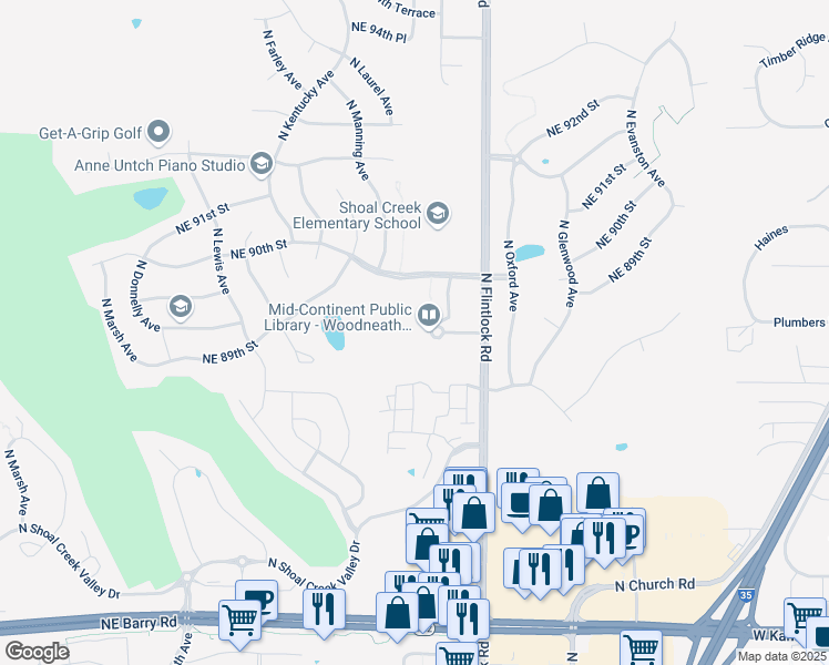 map of restaurants, bars, coffee shops, grocery stores, and more near 8770 North Laurel Avenue in Kansas City