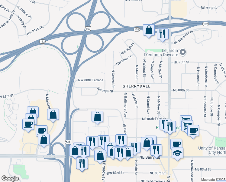 map of restaurants, bars, coffee shops, grocery stores, and more near 8546 North Central Street in Kansas City