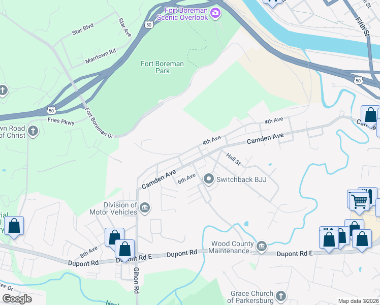 map of restaurants, bars, coffee shops, grocery stores, and more near 710 4th Avenue in Parkersburg