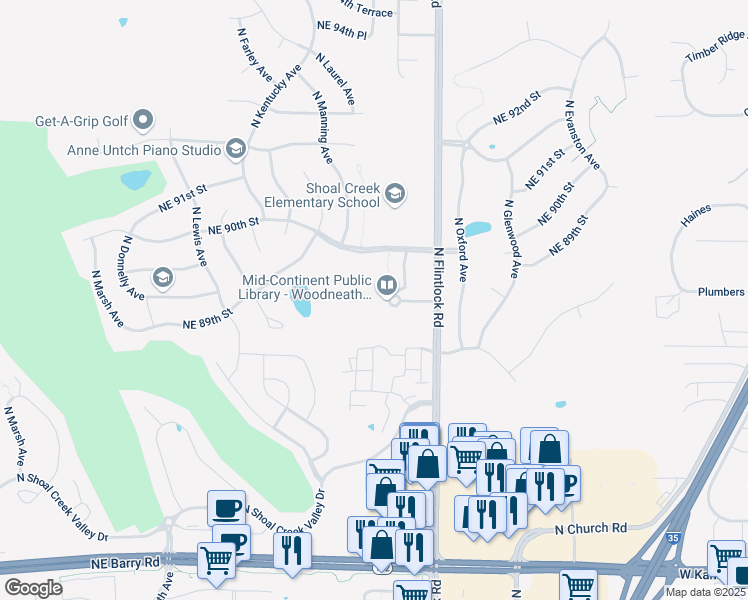 map of restaurants, bars, coffee shops, grocery stores, and more near 8900 Northeast Flintlock Road in Kansas City
