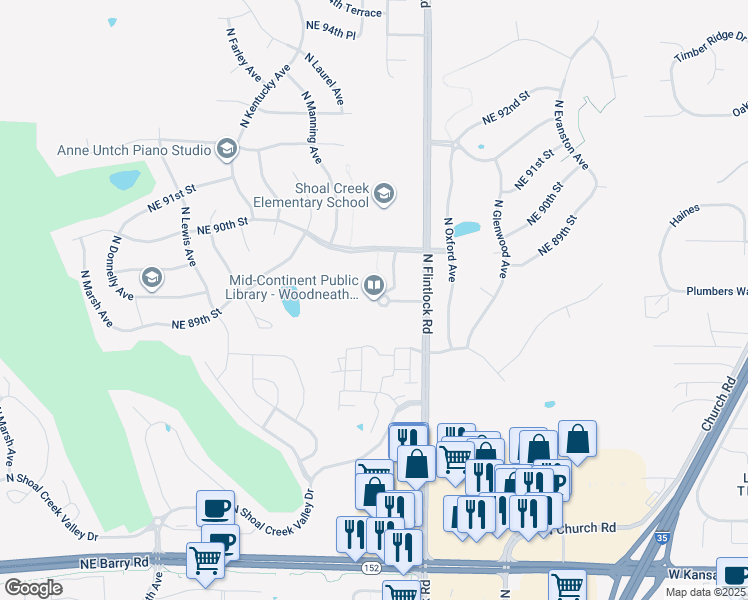 map of restaurants, bars, coffee shops, grocery stores, and more near 8900 Northeast Flintlock Road in Kansas City