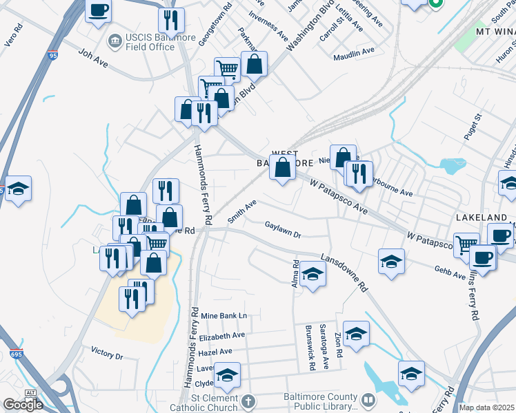 map of restaurants, bars, coffee shops, grocery stores, and more near 2101 Smith Avenue in Halethorpe