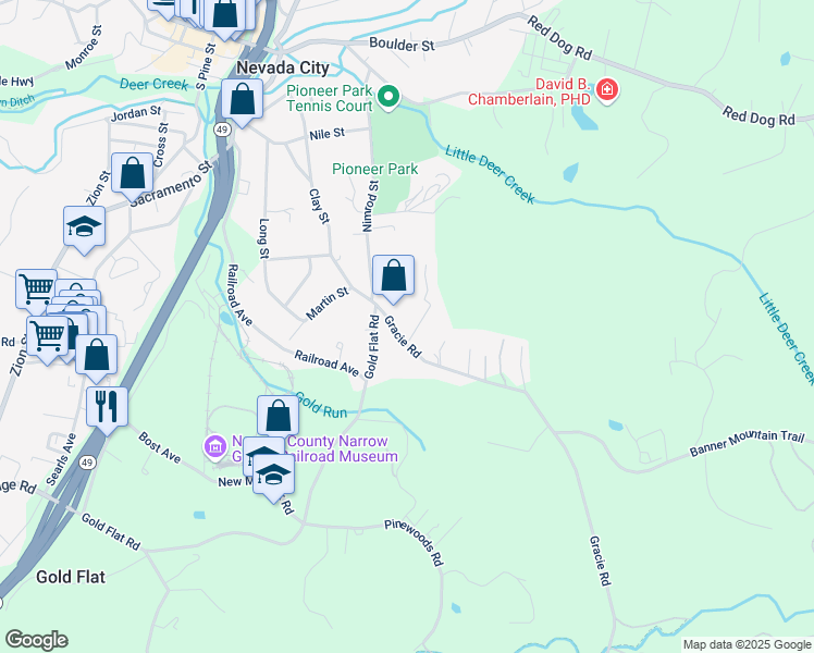map of restaurants, bars, coffee shops, grocery stores, and more near 301 Gracie Road in Nevada City