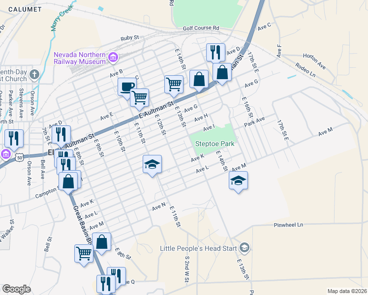 map of restaurants, bars, coffee shops, grocery stores, and more near 1275 Park Avenue in Ely