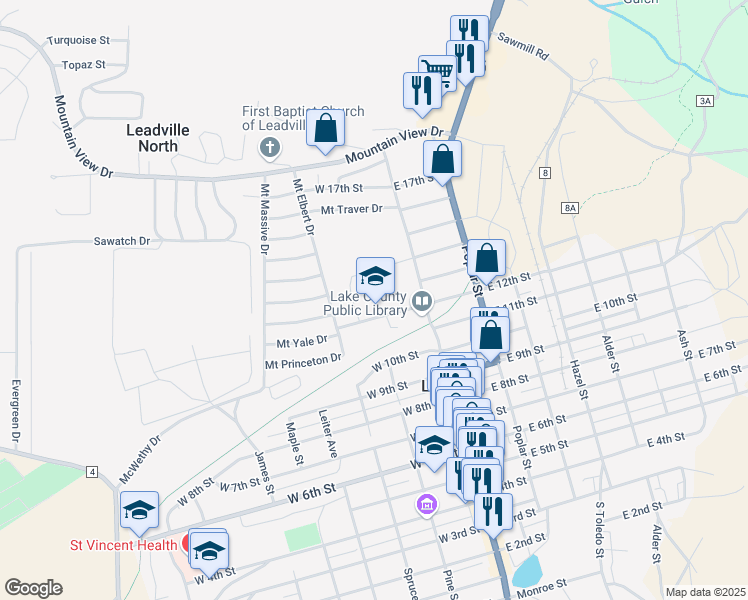 map of restaurants, bars, coffee shops, grocery stores, and more near 130 West 12th Street in Leadville