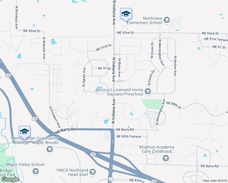 map of restaurants, bars, coffee shops, grocery stores, and more near 9001 North Indiana Avenue in Kansas City