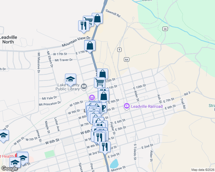 map of restaurants, bars, coffee shops, grocery stores, and more near 228 East 11th Street in Leadville