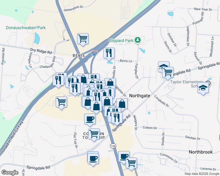 map of restaurants, bars, coffee shops, grocery stores, and more near 9970 Hollis Drive in Cincinnati