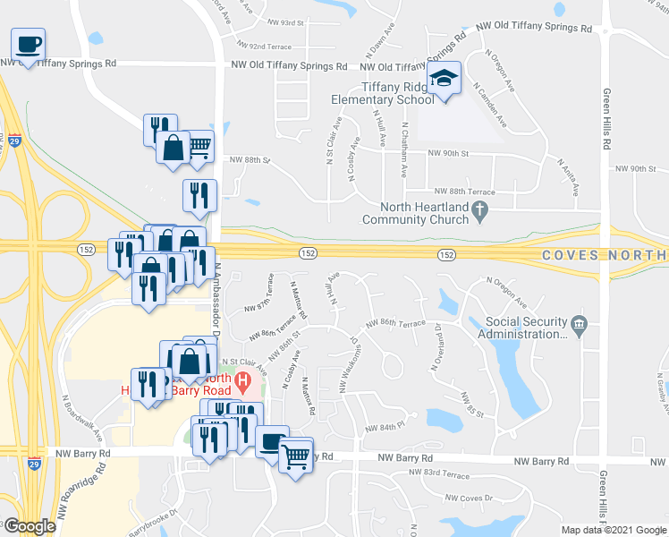 map of restaurants, bars, coffee shops, grocery stores, and more near 8724 Hull in Kansas City