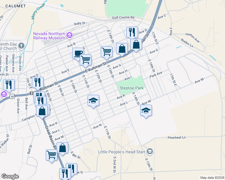 map of restaurants, bars, coffee shops, grocery stores, and more near 1275 Park Avenue in Ely