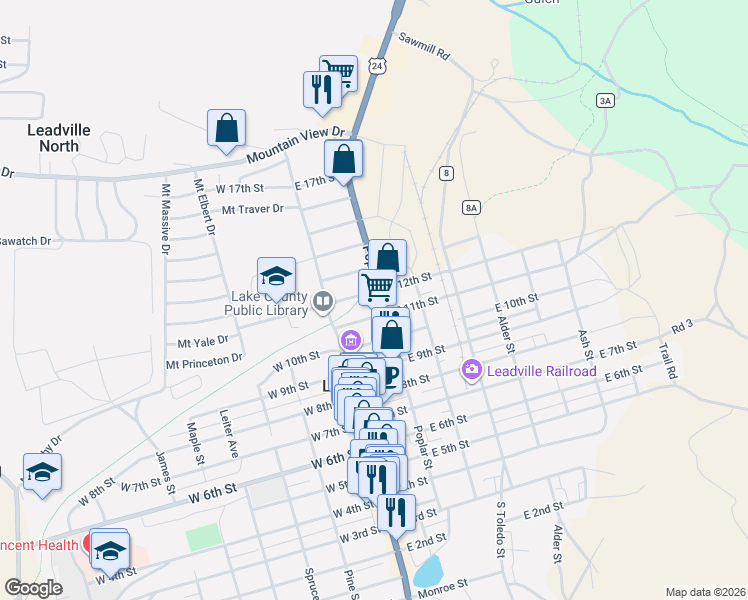 map of restaurants, bars, coffee shops, grocery stores, and more near 1107 Poplar Street in Leadville