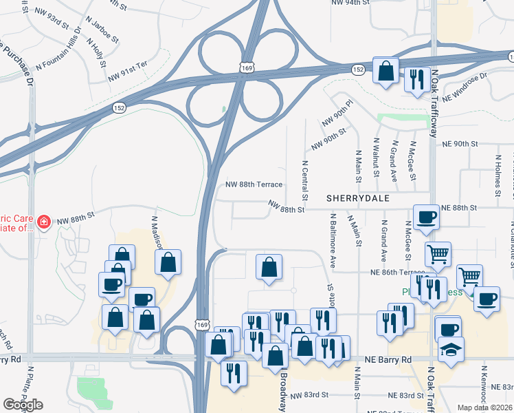 map of restaurants, bars, coffee shops, grocery stores, and more near 516 Northwest 87th Terrace in Kansas City