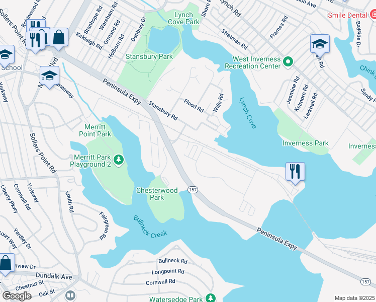 map of restaurants, bars, coffee shops, grocery stores, and more near 3314 Goldeneye Circle in Dundalk