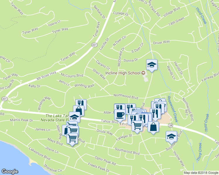 map of restaurants, bars, coffee shops, grocery stores, and more near 510 McDonald Drive in Incline Village