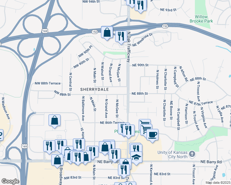 map of restaurants, bars, coffee shops, grocery stores, and more near 210 Northeast 88th Street in Kansas City